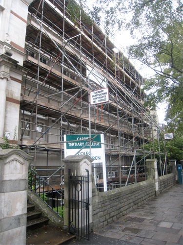 Facade scaffolding. Coleg Glan Hafren