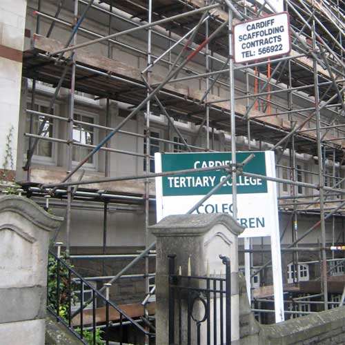 Facade scaffolding. Coleg Glan Hafren